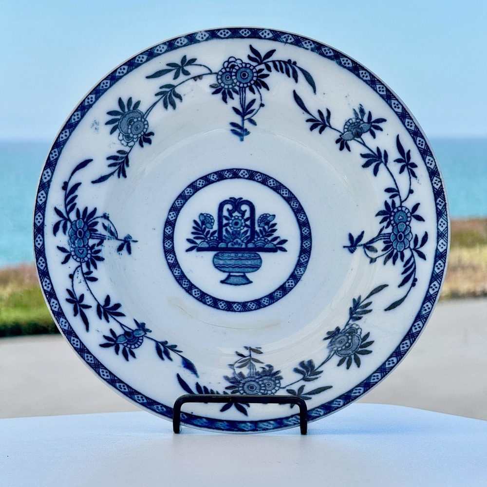 Delft W. Adams & Co Plate Unisex 9in Blue Flow Blue Flower Basket Antique 1890s